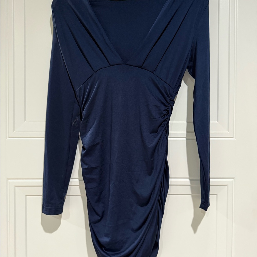 GOBLES Women's Sexy Long Sleeve V Neck Ruched Bodycon Mini Party Cocktail Dress